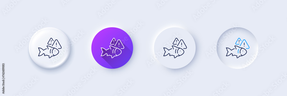 Fish line icon. Neumorphic, Purple gradient, 3d pin buttons. Fishing catch sign. Aquarium attention symbol. Line icons. Neumorphic buttons with outline signs. Vector