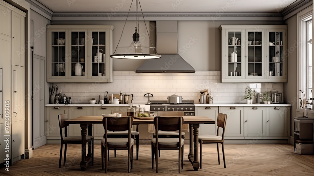 Kitchen in off-whites and grays with vintage inspired bronze pendants.