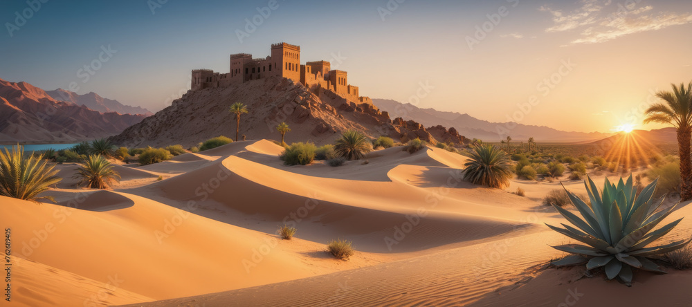 Desert landscape, ancient castle in sand dunes, oasis in desert background.  Hot sun, blue sky