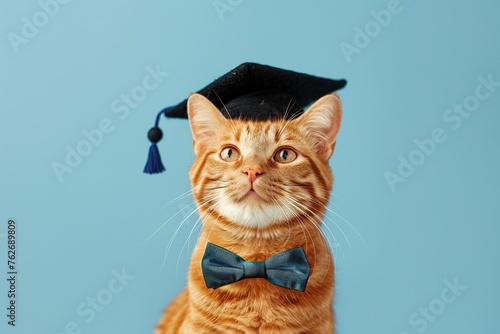 Cute ginger cat wearing graduation hat on blue background
