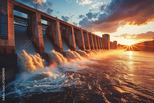 A hydroelectric dam at sunset, the warm, soft light reflecting off the water symbolizing the generation of clean, renewable energy photo