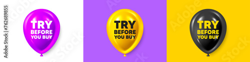Birthday balloons 3d icons. Try before you buy tag. Special offer price sign. Advertising discounts symbol. Try before you buy text message. Party balloon banners with text. Vector
