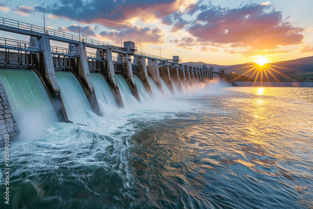 A hydroelectric dam at sunset, the warm, soft light reflecting off the water symbolizing the generation of clean, renewable energy - obrazy, fototapety, plakaty 