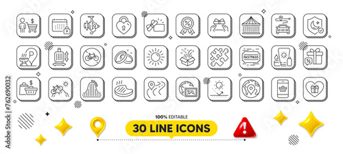 Pin, Calendar and Fishing reel line icons pack. 3d design elements. Bicycle prohibited, Baggage size, Grilled steak web icon. Grill place, Puzzle, Journey pictogram. Web photo, Buyer, Guard. Vector