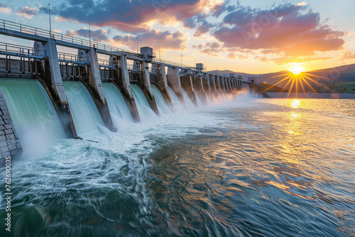 A hydroelectric dam at sunset, the warm, soft light reflecting off the water symbolizing the generation of clean, renewable energy