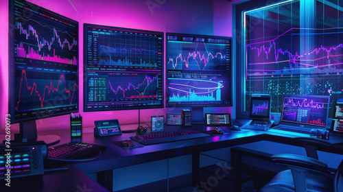A computer room with a neon blue background