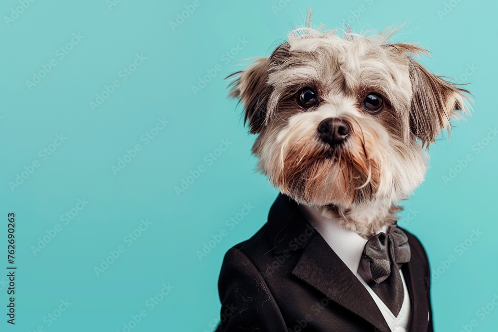 Cute dog in black suit on blue background