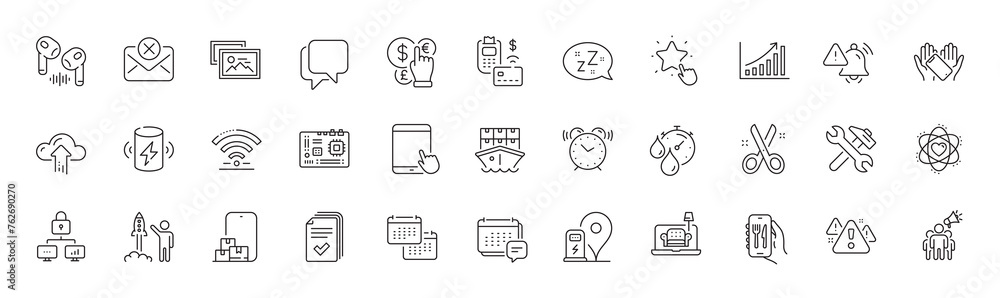 Charging station, Headphone and Graph chart line icons. Pack of Repair, Talk bubble, Tablet pc icon. Charge battery, Atom, Ranking star pictogram. Photo album, Smartphone holding. Line icons. Vector Charging station, Headphone and Graph chart line icons. Pack of Repair, Talk bubble, Tablet pc icon. Charge battery, Atom, Ranking star pictogram. Photo album, Smartphone holding. Line icons. Vector