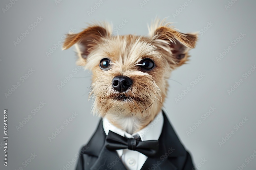 Cute dog in black suit on grey background