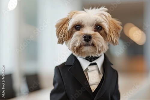 Cute dog in modern suit on blurred office background