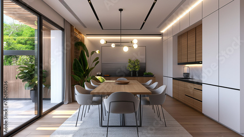 Modern minimalist dining room with wooden elements and calming light. Home interior concept. 3D Rendering © Natali