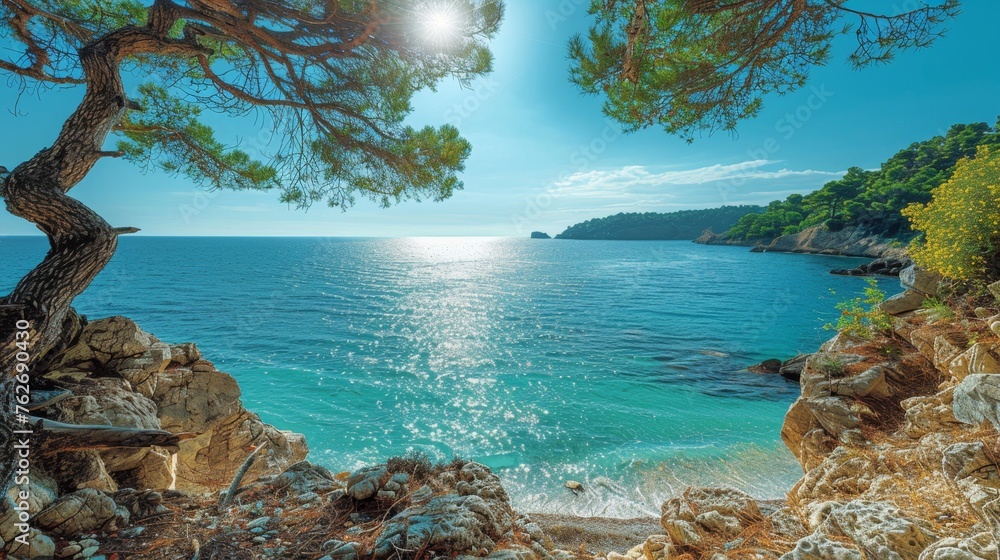 Greek beach, sea and rocks. The resort landscape