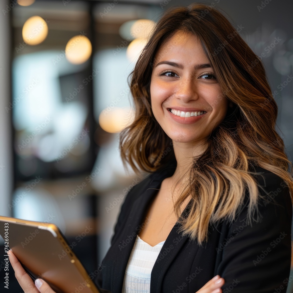 Smiling Hispanic businesswoman 20-30 years old, active business woman in front of her office Smiling Hispanic businesswoman 20-30 years old, active business woman in front of her office