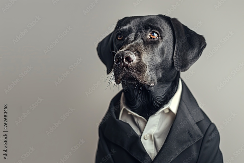 Cute dog in black suit on grey background