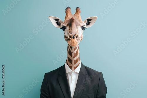 Giraffe in black suit on blue background © Alina