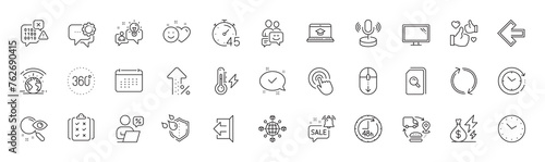 Calendar, Timer and Scroll down line icons. Pack of Like, Click, Search files icon. Online discounts, Left arrow, Increasing percent pictogram. Refresh, Logistics network, 360 degrees. Vector