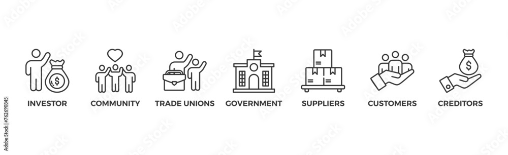 Stakeholder relationship banner web icon vector illustration concept for stakeholder, investor, government, and creditors with icon of community, trade unions, suppliers, and customers - obrazy, fototapety, plakaty 