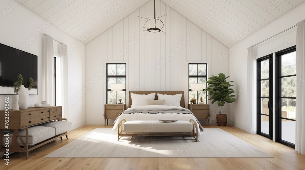 Fototapeta premium Light and airy primary bedroom with vaulted shiplap ceiling, modern 4-poster bed, and sliding barn doors.