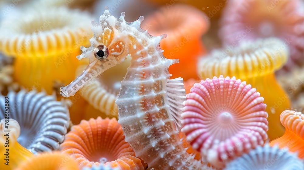 A close-up photo shows a group of colorful seahorses and sea urchins swimming together A close-up photo shows a group of colorful seahorses and sea urchins swimming together