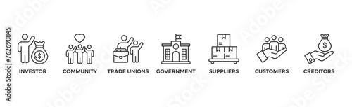 Stakeholder relationship banner web icon vector illustration concept for stakeholder, investor, government, and creditors with icon of community, trade unions, suppliers, and customers photo