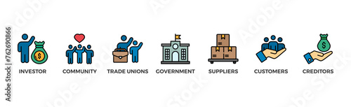 Stakeholder relationship banner web icon vector illustration concept for stakeholder, investor, government, and creditors with icon of community, trade unions, suppliers, and customers