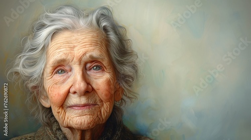  Older woman with serene expression in green sweater, gazing at camera