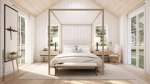 Light and airy primary bedroom with vaulted shiplap ceiling  modern 4-poster bed  and sliding barn doors.