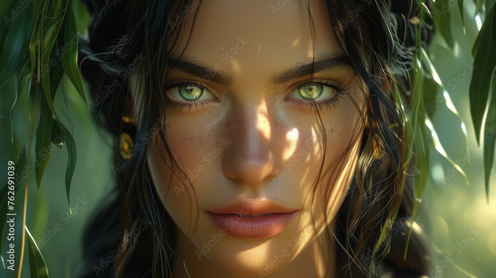 A woman's face, close-up, with green eyes framed by a bushy tree A woman's face, close-up, with green eyes framed by a bushy tree