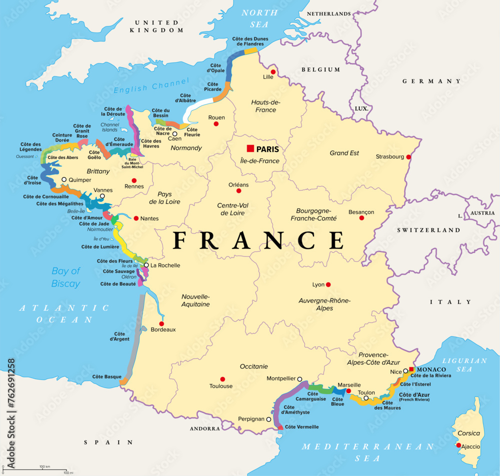 The coasts of France, political map. Most important coasts and beaches in France. Commonly used and popular names of the stretches in tourism. Map with the regions of France and most important cities.