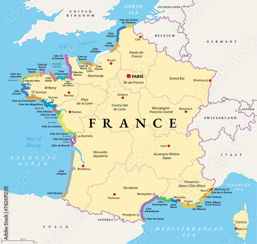 The coasts of France, political map. Most important coasts and beaches in France. Commonly used and popular names of the stretches in tourism. Map with the regions of France and most important cities.