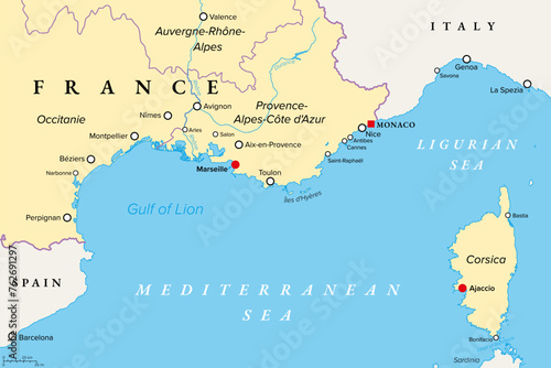 Southern France coastline, political map. Southernmost part of France, that border the Mediterranean Sea. Map with part of Occitania, Provence, French Riviera, Corsica, and with most important cities.