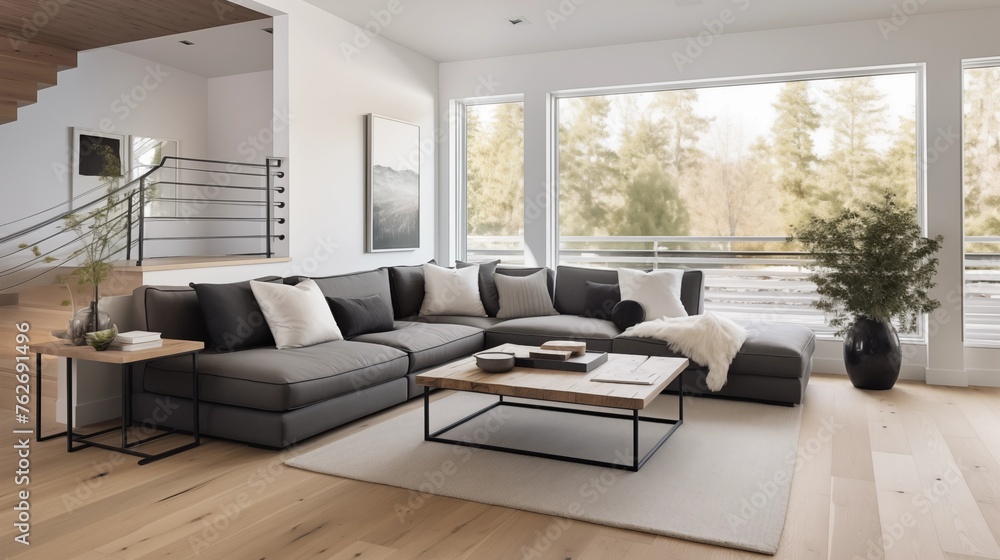 Light oak hardwood floors with a dark charcoal gray sectional and white shiplap walls. Light oak hardwood floors with a dark charcoal gray sectional and white shiplap walls.