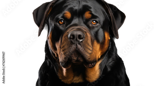 A beautiful dog with a white coat stares intently against a pure white background