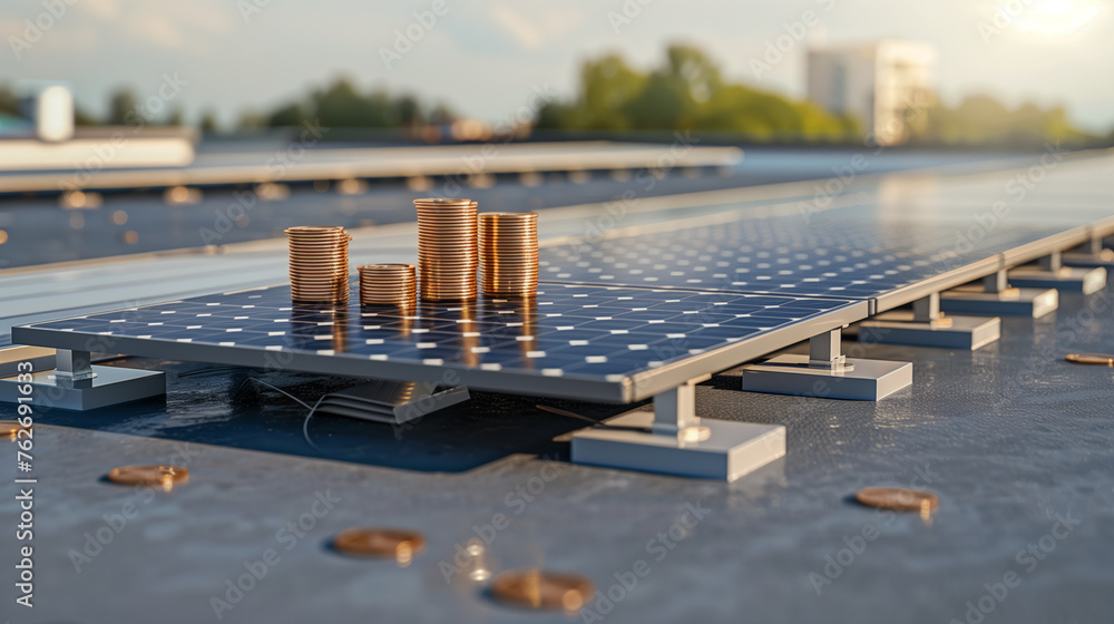 Stacks of coins are balanced on top of a solar panel installed on a flat roof. The coins glisten in the sunlight, symbolizing financial savings or investment in renewable energy. - obrazy, fototapety, plakaty 