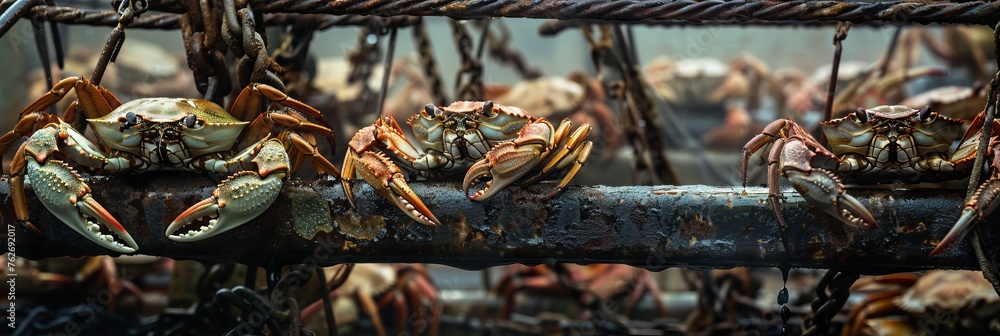 Iron traps with small crabs in the water, catching crabs from a ship