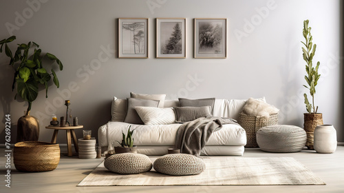 A living room with a white couch, a potted plant, and a vase. The room has a modern and minimalist design, with a focus on natural elements like plants and wood