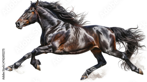 Black and brown horse galloping through the air isolated on white background