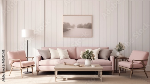 Living room with dusty rose sofas and crisp white shiplap accent wall.