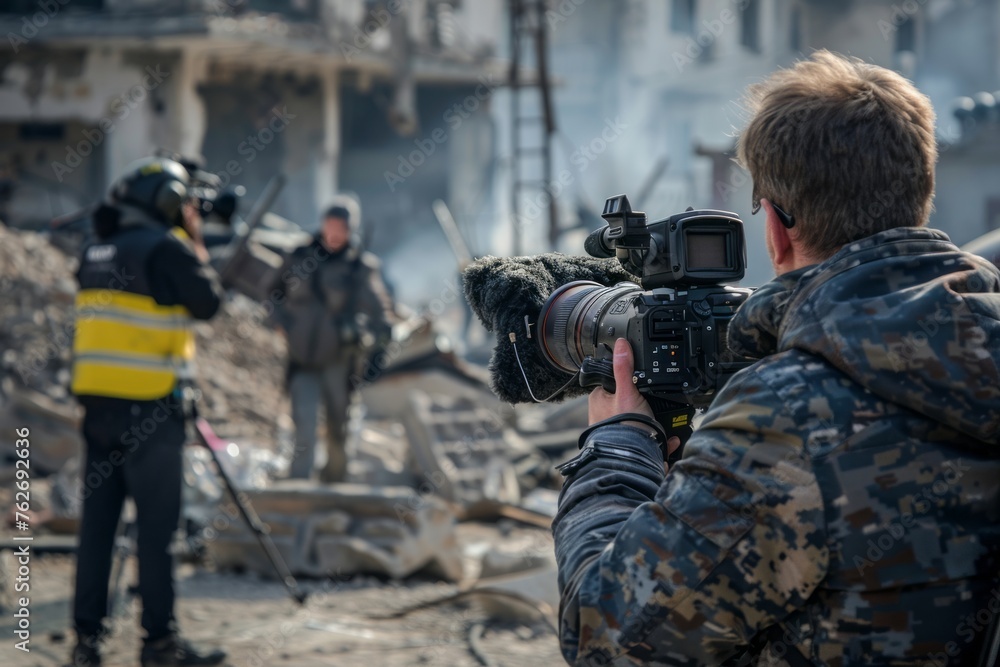 Fototapeta premium Military journalists in a combat zone at the front, dangerous journalism