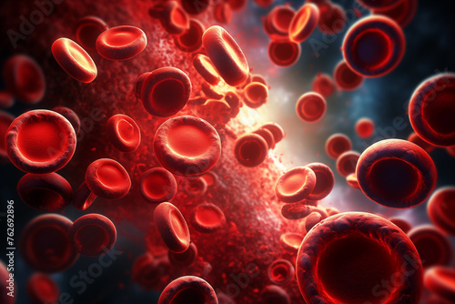 A vivid close-up showcases the various components of human blood, including red blood cells