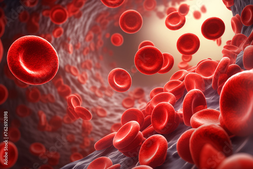 Close-up view cluster of blood cells within an artery, depicted with a deep red color palette highlighting the cells and the vessels interior.