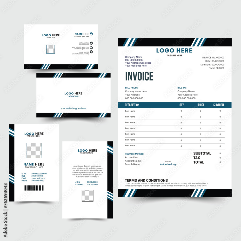 Corporate identity set of Business Card, Id Card and Invoice Design branding template design kit. editable and printable brand identity with abstract shapes and colors. Corporate identity set of Business Card, Id Card and Invoice Design branding template design kit. editable and printable brand identity with abstract shapes and colors.