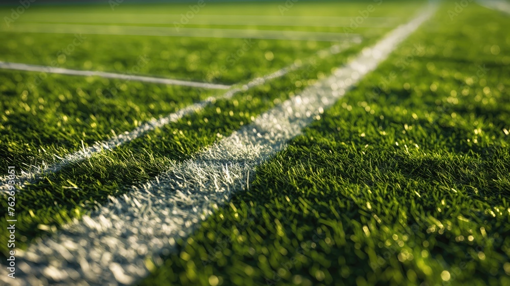 American football field, green grass with white field lines. big stadium. Close-up photo with copy space