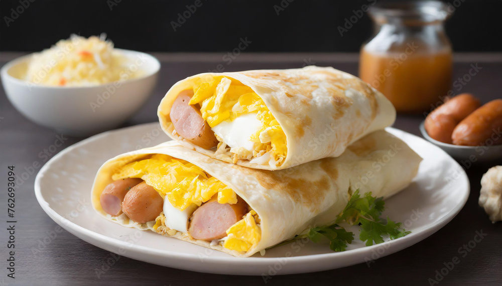 Food Photography - Burrito with Scrambled Eggs, Sausage, and Cheese Food Photography - Burrito with Scrambled Eggs, Sausage, and Cheese