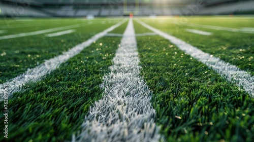 American football field, green grass with white field lines. big stadium. Close-up photo with copy space