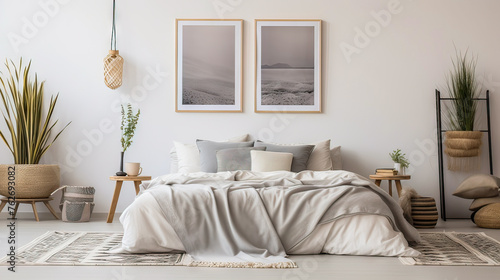 A bedroom with a white bed and a grey blanket. The bed is surrounded by a rug and a few potted plants. The room has a minimalist and clean look, with a few decorative elements like the potted plants photo