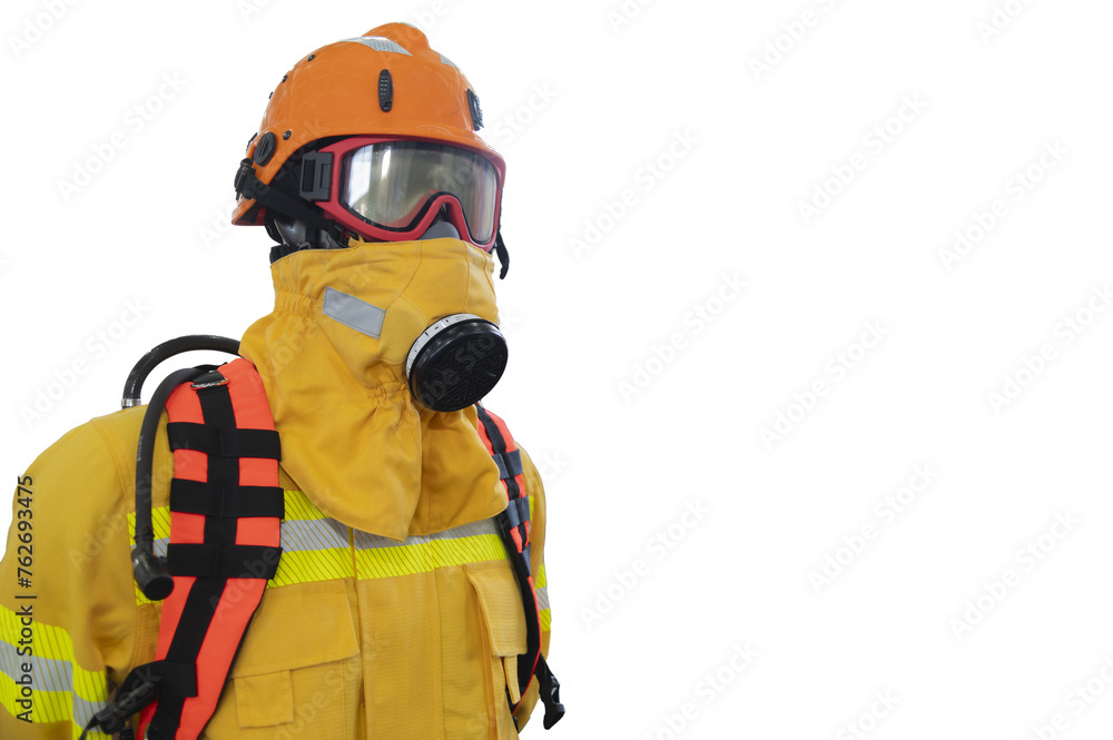 Naklejka premium Bombeiro equipado com equipamentos de segurança contra incêndio e fumaça toxica. png recortado