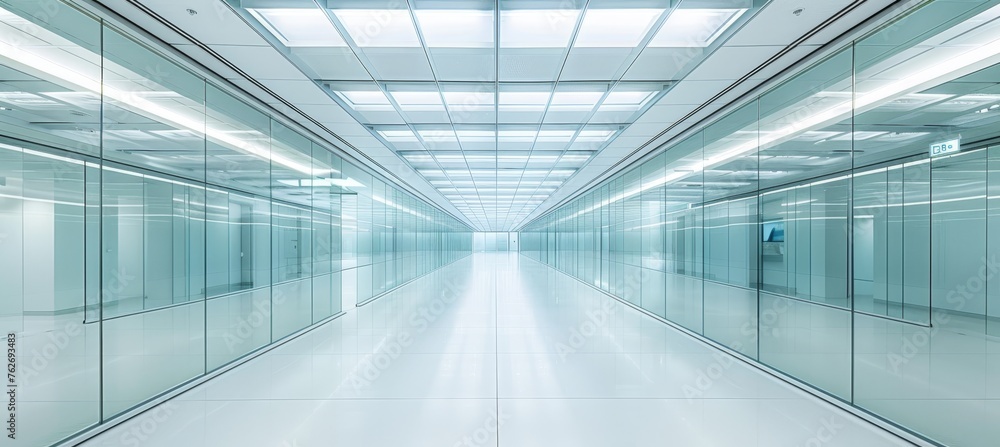 Obraz premium Sleek white floor and glass wall in contemporary office interior design for a modern workspace