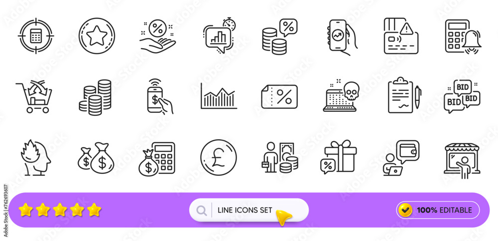Calculator target, Loyalty star and Calculator alarm line icons for web app. Pack of Card, Stress, Wallet pictogram icons. Money tax, Money diagram, Coins signs. Loan percent, Clipboard. Vector Calculator target, Loyalty star and Calculator alarm line icons for web app. Pack of Card, Stress, Wallet pictogram icons. Money tax, Money diagram, Coins signs. Loan percent, Clipboard. Vector