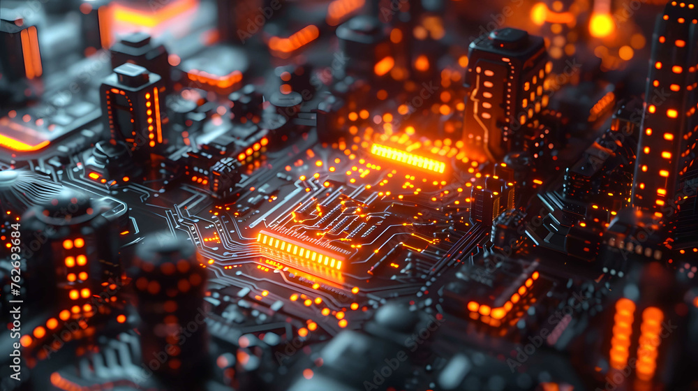 Abstract high-tech background, 3D rendering of technological circuits and chips - obrazy, fototapety, plakaty 